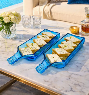 Handcrafted upcycled Bombay Sapphire glass bottle platter set of 2 for serving and gifting.
