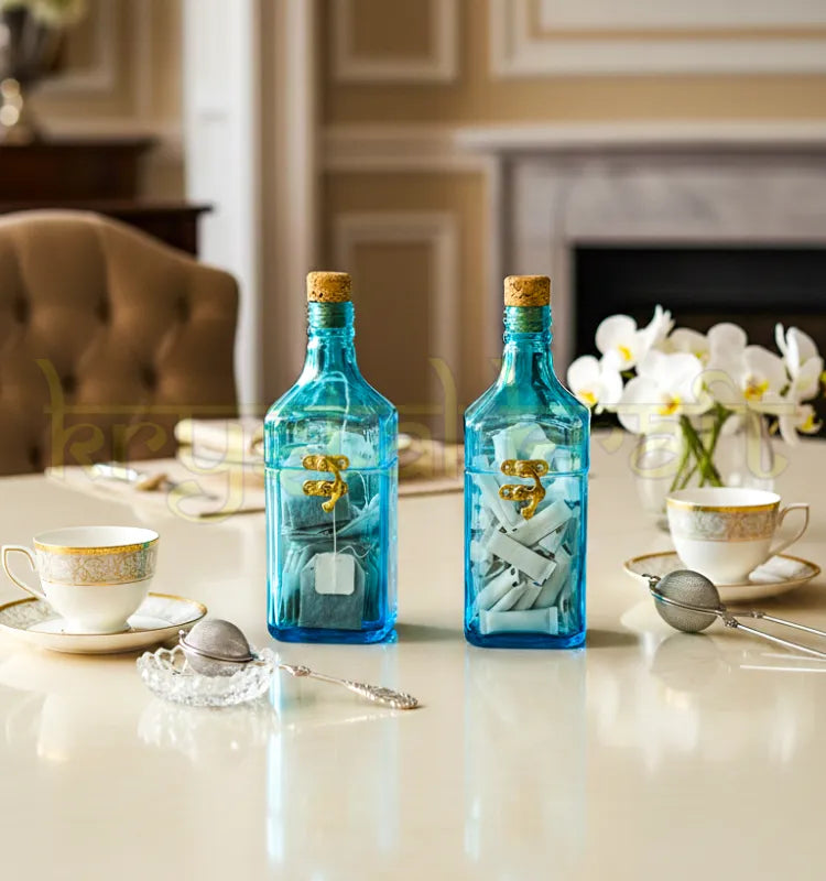 Upcycled small Bombay Sapphire glass bottle canister for luxury home décor