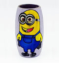 Vibrant upcycled glass bottle featuring a hand-painted funny Minion on a pink background, ideal as a decorative mini vase or desk pen holder.