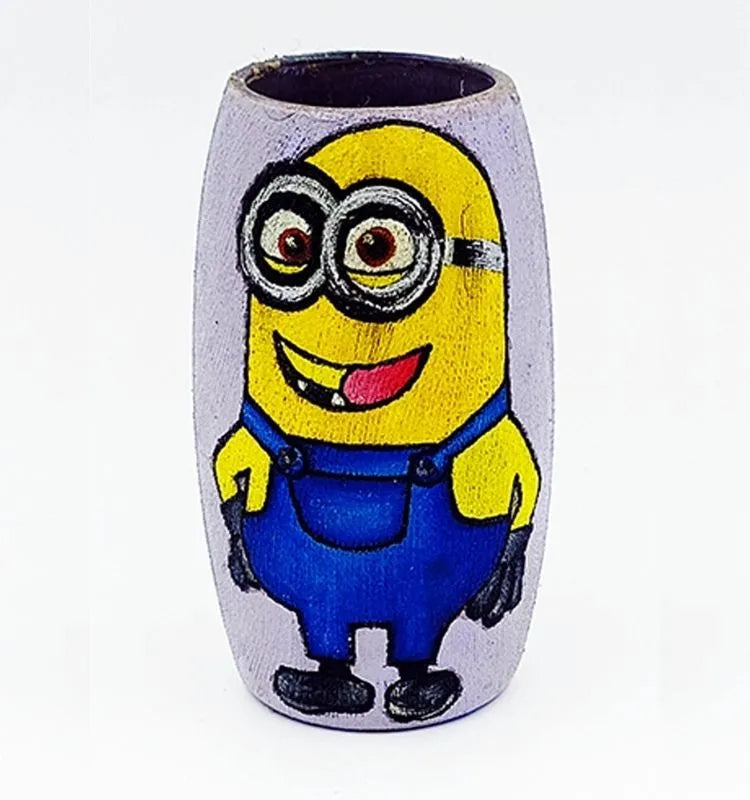 Vibrant upcycled glass bottle featuring a hand-painted funny Minion on a pink background, ideal as a decorative mini vase or desk pen holder.