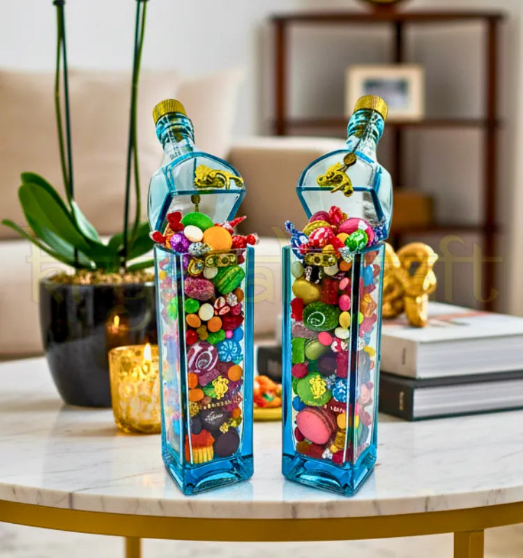 Handcrafted upcycled bottle jar set made from recycled liquor bottles