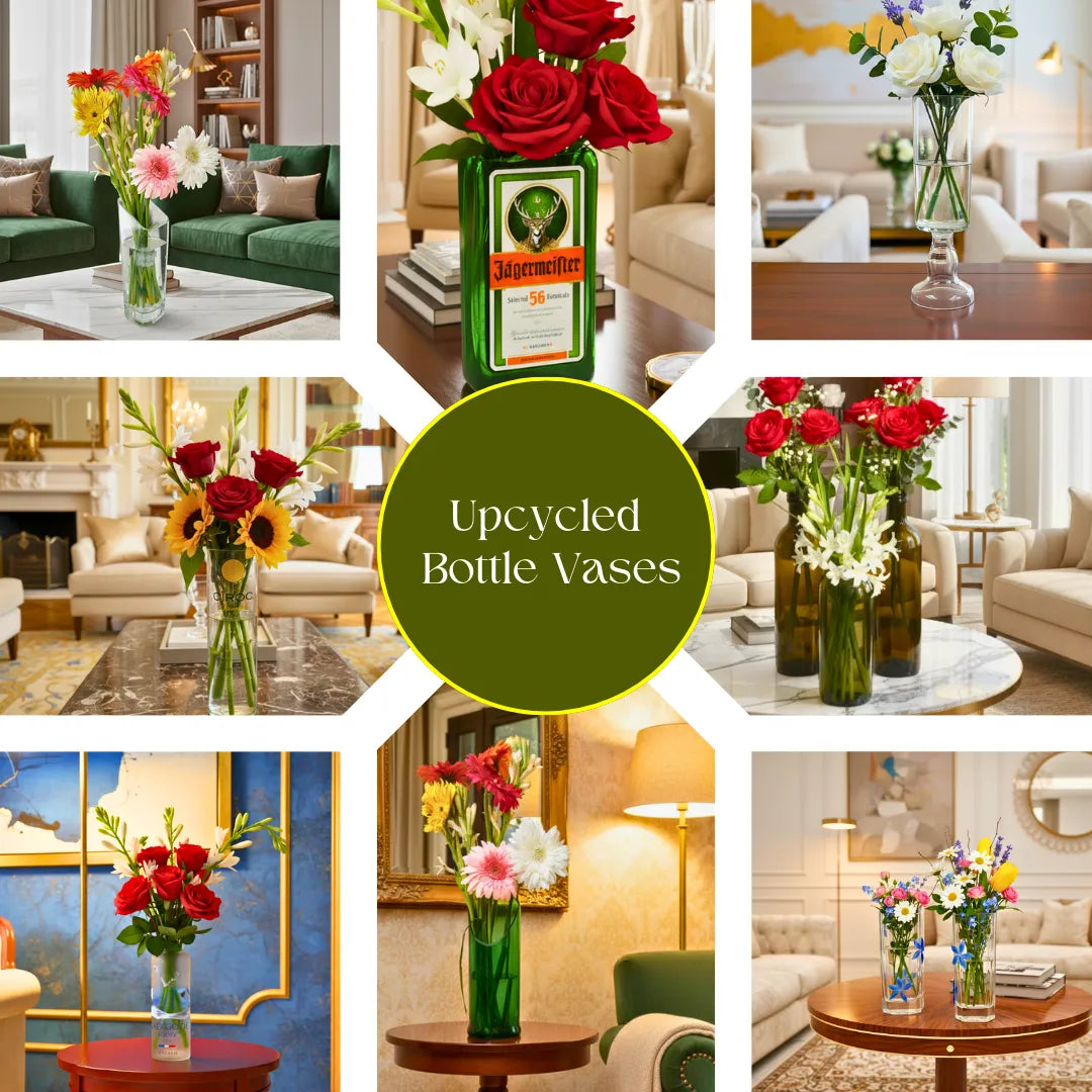 “Upcycled glass bottle vase planters by Krystal Kraft – handmade decorative eco-friendly vases and planters for sustainable home décor in India”