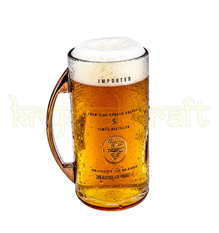 Handcrafted eco-friendly beer mug made from repurposed Ciroc Peach bottle by Krystal Kraft, showcasing sustainable upcycled glassware design.