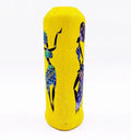 Unique upcycled glass bottle vase hand-painted with a dancing African lady motif by Farisa Merchant — showcasing vibrant acrylic artwork and sustainable craftsmanship.