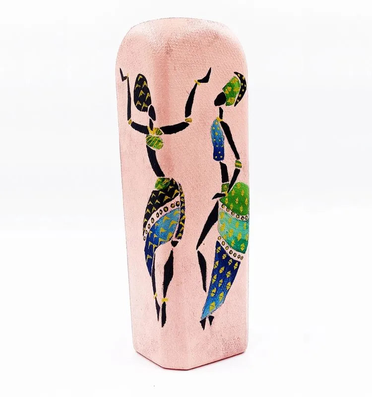 Upcycled glass bottle hand-painted with a Dancing African Lady design on a pink background — a unique handmade decorative vase symbolizing sustainability and creativity.
