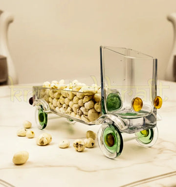 Handcrafted Upcycled Gold Label Glass Bottle Truck by Krystal Kraft, designed by Raees Ahmed Merchant – a sustainable and multifunctional glass art piece perfect as a snack server, candle holder, or floral centerpiece.