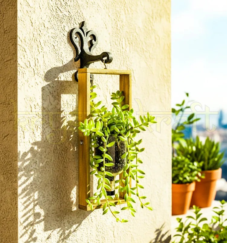A handcrafted hanging wall planter made from an upcycled Greater Than Gin bottle, mounted on a sleek frame — perfect for growing succulents, herbs, or indoor plants with sustainable style.