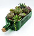 Side view of upcycled green glass bottle planter showing smooth polished rim