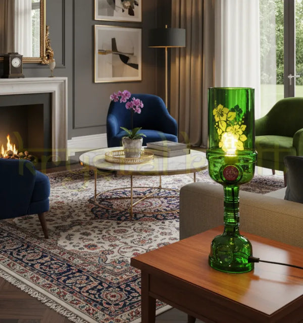 Handcrafted green floral glass bottle table lamp made from upcycled bottle art.