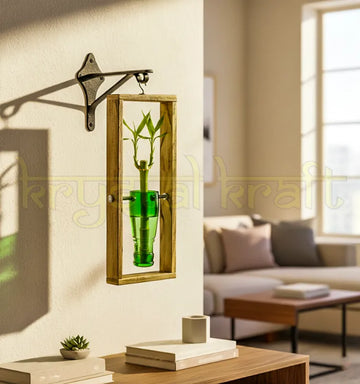 An elegant hanging wall planter handcrafted from an upcycled green neck glass bottle mounted on a rustic frame — perfect for indoor plants, balcony gardens, and eco-friendly home decor.