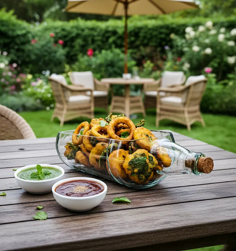 A handcrafted serving platter made from an authentic upcycled Imperial Blue 2-liter bottle, featuring its signature blue color and smooth finish—perfect for serving snacks or appetizers sustainably.
