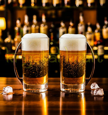 Handcrafted upcycled Indri Whisky mug set made from recycled whisky bottles with metal handles, displayed on a rustic wooden table.