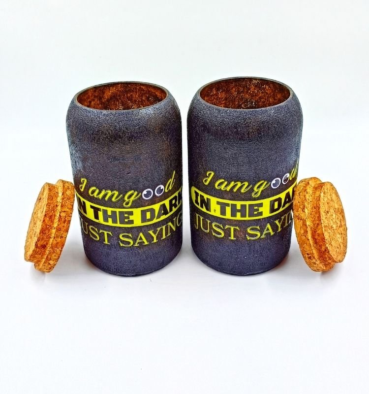 Beautifully repurposed Jaisalmer bottle jar made from sustainable glass, perfect for storing snacks, bath salts, or small essentials with an artistic custom touch.