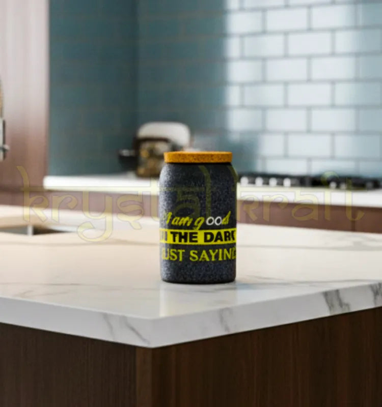 A handcrafted upcycled Jaisalmer bottle jar with a polished finish and customizable quote, perfect for sustainable home décor or stylish storage.