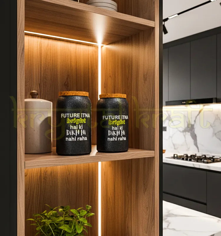 A pair of handcrafted upcycled Jaisalmer bottle jars with cork lids and inspirational quotes, ideal for sustainable kitchen storage or elegant eco-home decor.