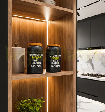 A pair of handcrafted upcycled Jaisalmer bottle jars with cork lids and inspirational quotes, ideal for sustainable kitchen storage or elegant eco-home decor.