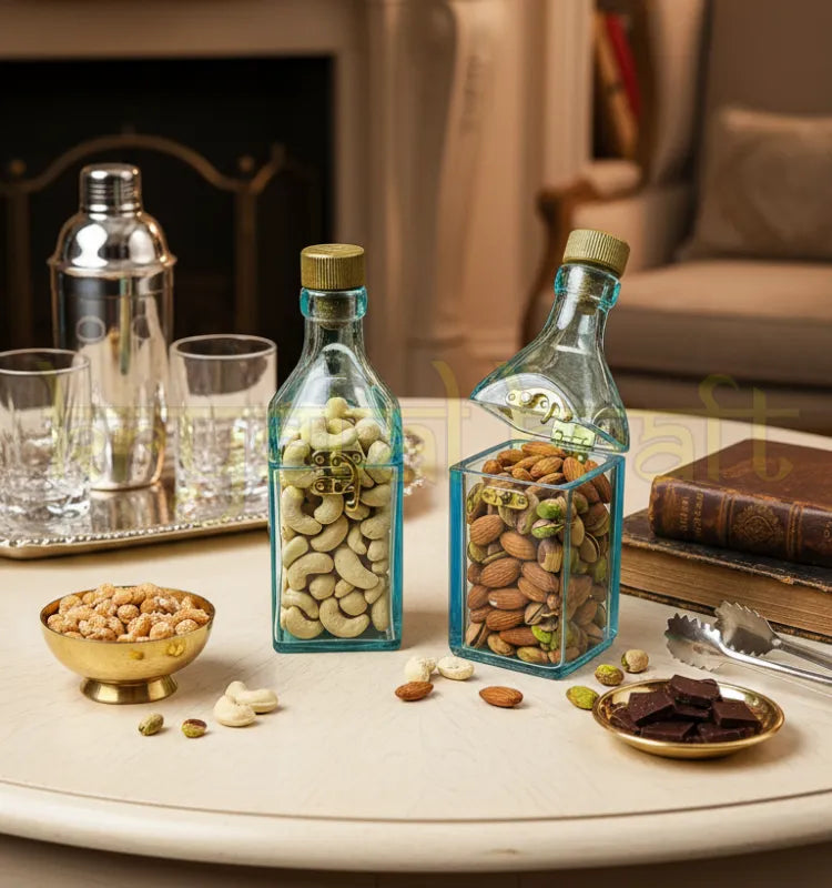 Handmade upcycled Johnnie Walker Blue Label glass bottle canister by Krystal Kraft for luxury home decor.