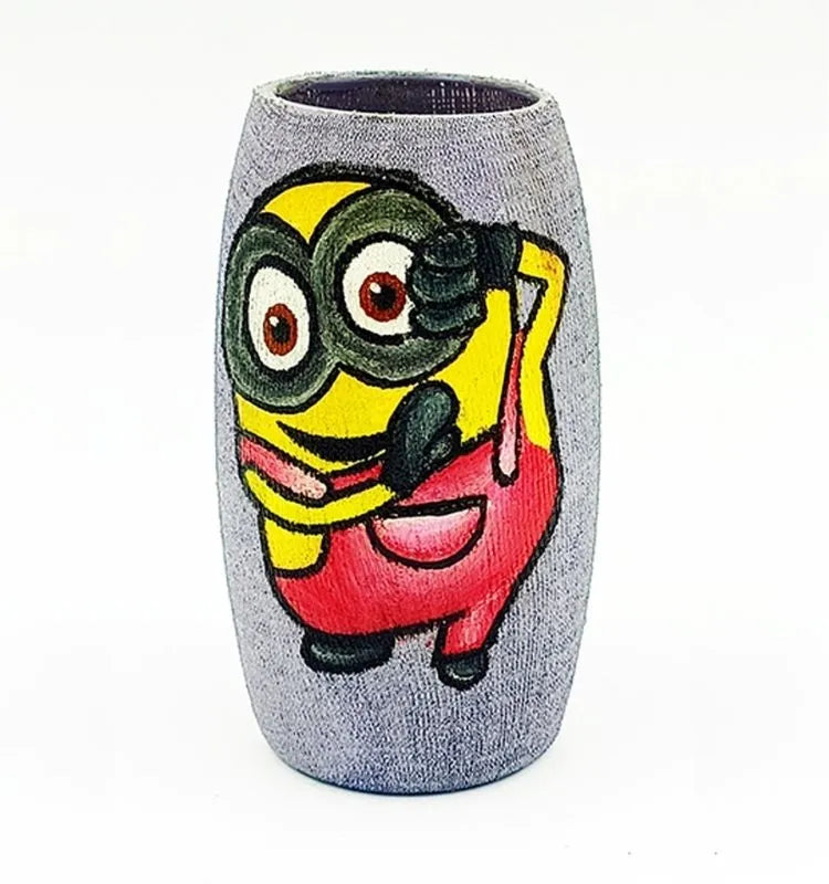 Handcrafted recycled glass bottle painted with a fun Selfie Minion design — purple base with vibrant yellow and pink tones, perfect for creative room décor.