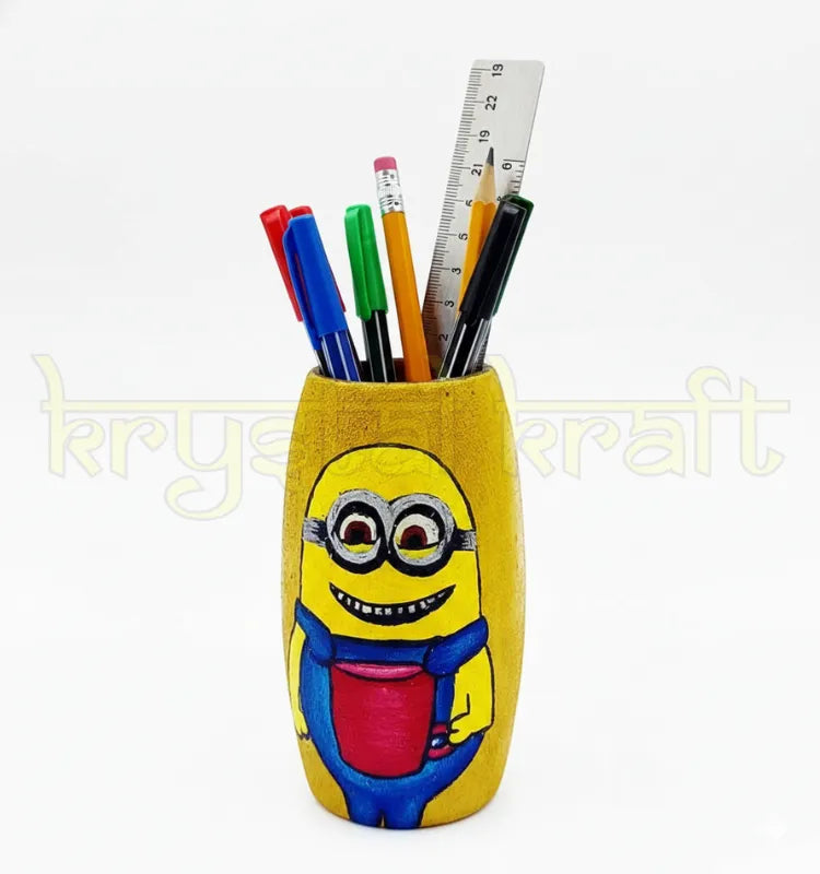 Recycled glass bottle painted with a cheerful Smiling Minion in dark yellow, blue, and red tones — a creative handmade décor or gift idea by Farisa Merchant.