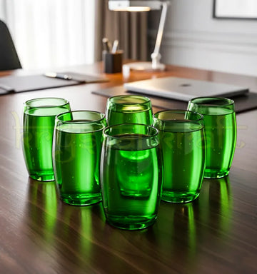 Handcrafted upcycled Perrier glass made from authentic green Perrier bottles with polished rim, eco-friendly sustainable drinkware.