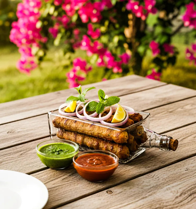 A handcrafted serving platter made from an authentic upcycled Royal Stag 2L bottle, featuring its iconic red and gold hues with a polished finish—perfect for serving snacks, cheese, or appetizers sustainably.