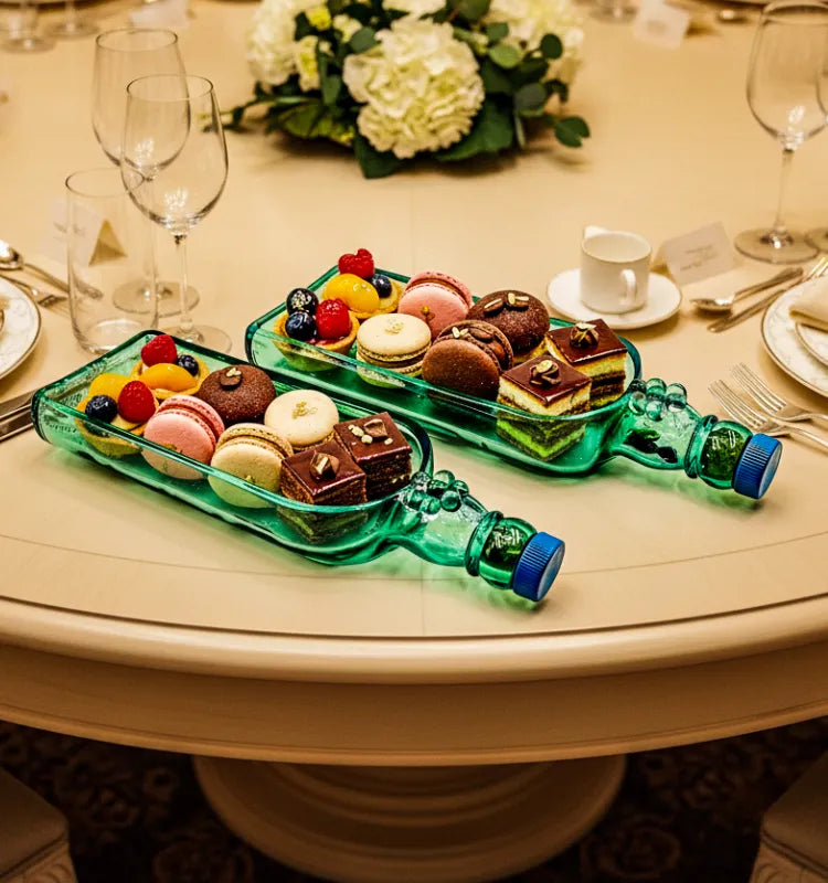 A handcrafted set of two serving platters made from authentic upcycled Singleton glass bottles, featuring unique textures and elegant design for sustainable dining and decor.