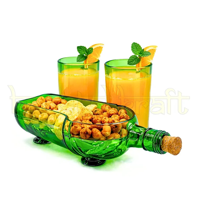 Handmade Tanqueray green platter with two upcycled glasses by Krystal Kraft