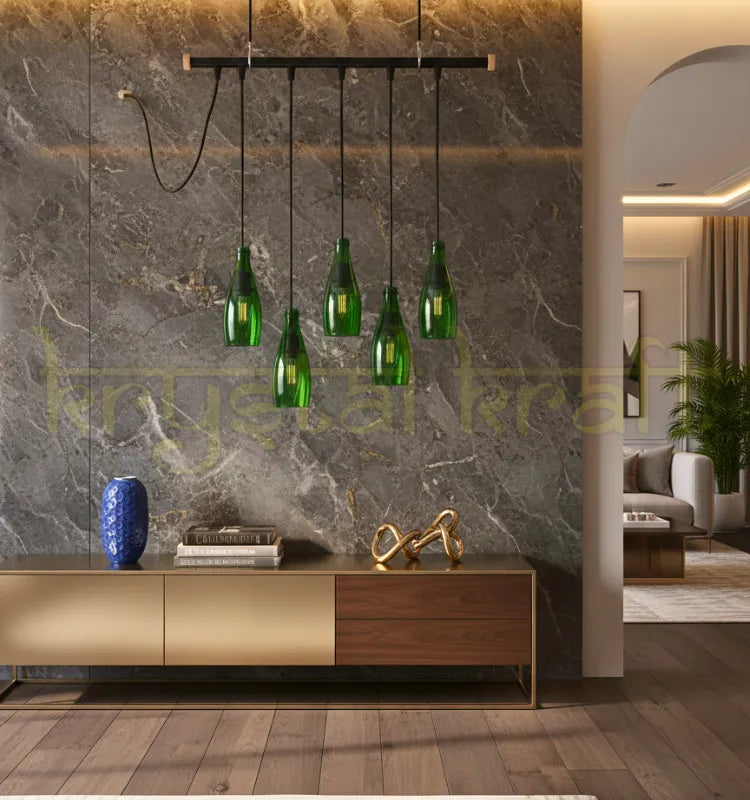 Krystal Kraft Green Perrier Glass Bottle Chandelier – Eco-Friendly Lighting Décor