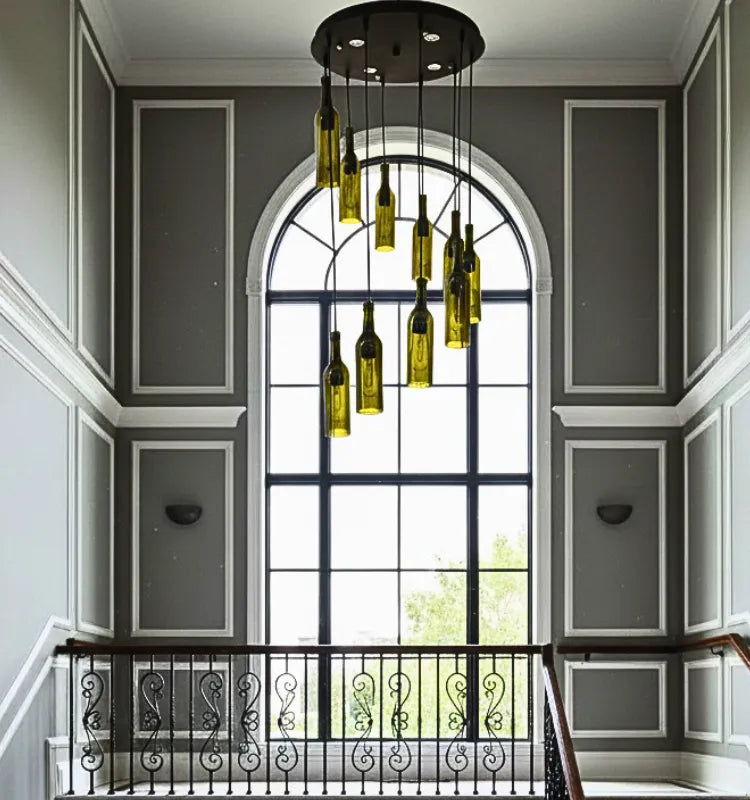 Krystal Kraft handmade Sula glass bottle chandelier with 10 pendant lights – eco-friendly upcycled wine bottle lighting for home and restaurant decor