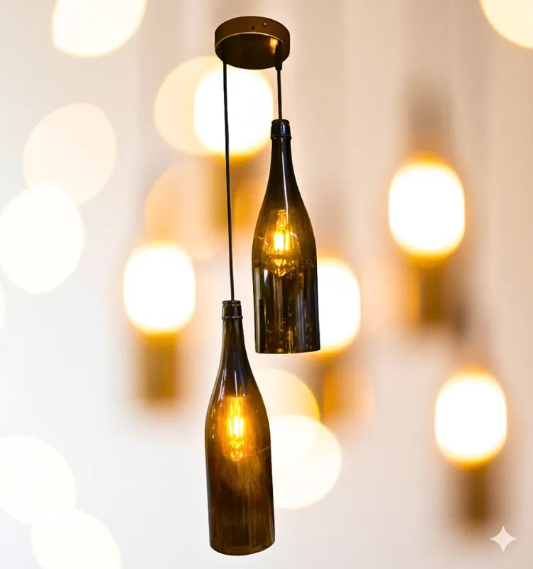 Upcycled glass wine bottle chandelier by Krystal Kraft — artistic handmade lighting for eco-conscious homes, Diwali décor, and housewarming gifts made in India.