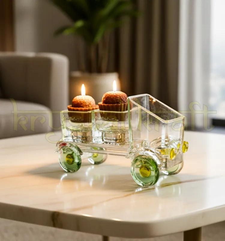 Vintage Tempo Candle Holder by Krystal Kraft – handcrafted from recycled glass bottles, featuring a rustic truck design with two tealight holders, weathered glass finish, and eco-friendly charm for cozy home décor.