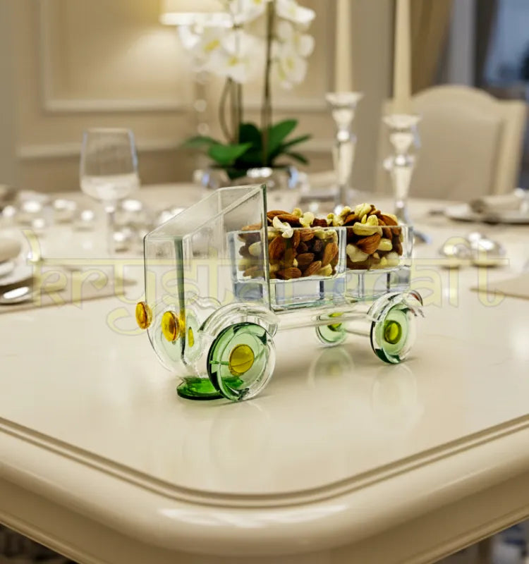 Handcrafted Whimsical Dessert Tempo Stand by Krystal Kraft, made from a Johnnie Walker Gold Label glass bottle – unique upcycled glass truck design ideal for displaying cupcakes, cookies, and sweets at parties or celebrations.