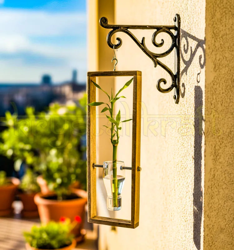 A handcrafted white transparent upcycled glass bottle planter in a hanging frame, ideal for vertical gardens, balcony décor, and sustainable indoor spaces.