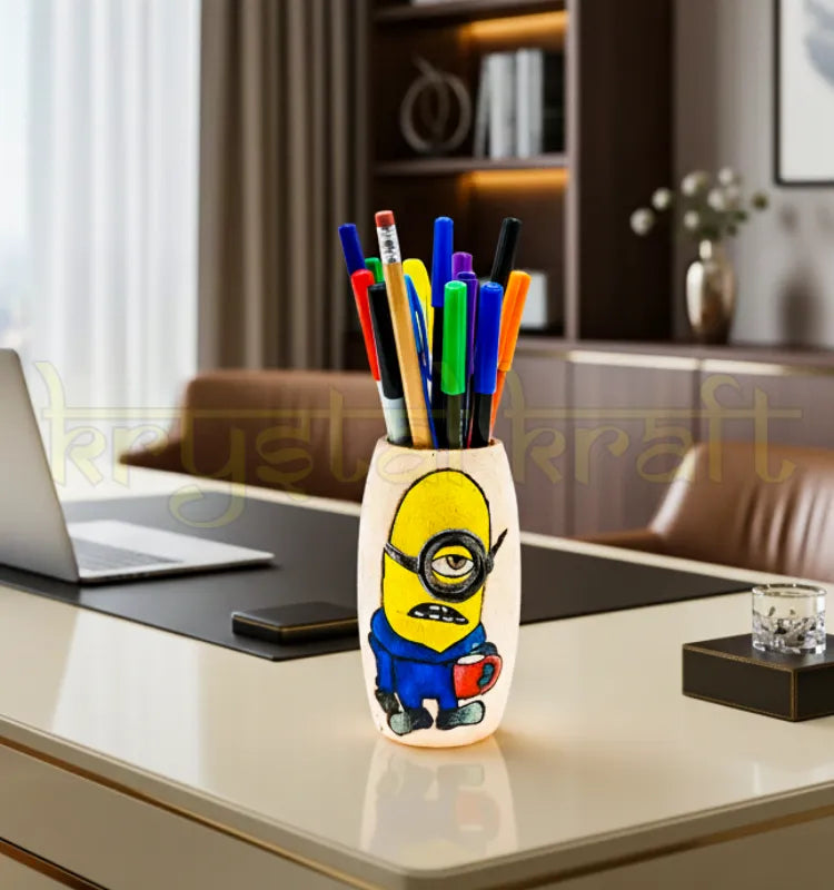 Handcrafted recycled glass bottle featuring a playful Workaholic Minion painting on a pink base with blue and yellow acrylic details — an eco-friendly décor accent by Krystal Kraft.
