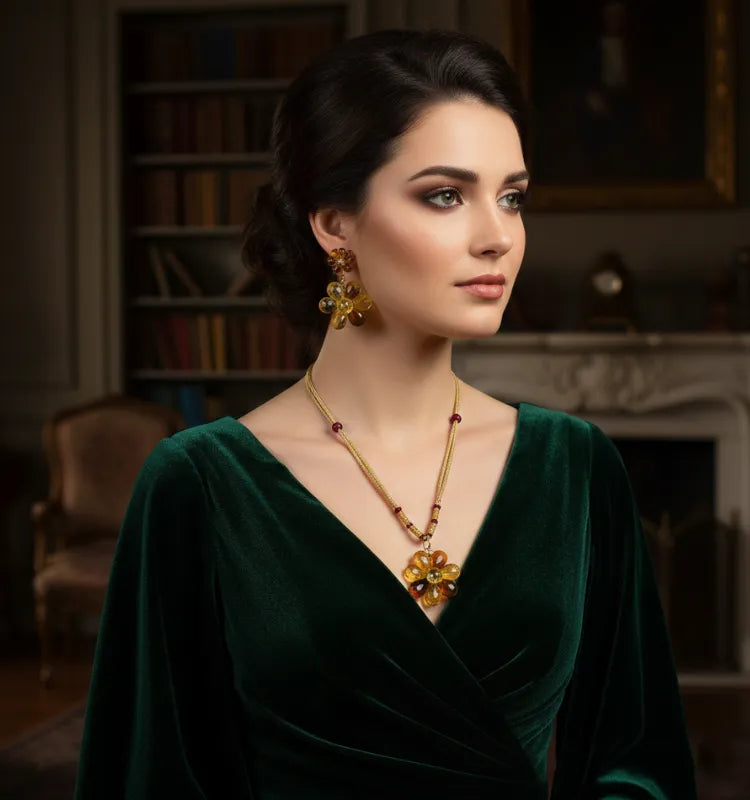 Yellow floral handcrafted glass earrings with matching pendant by Krystal Kraft