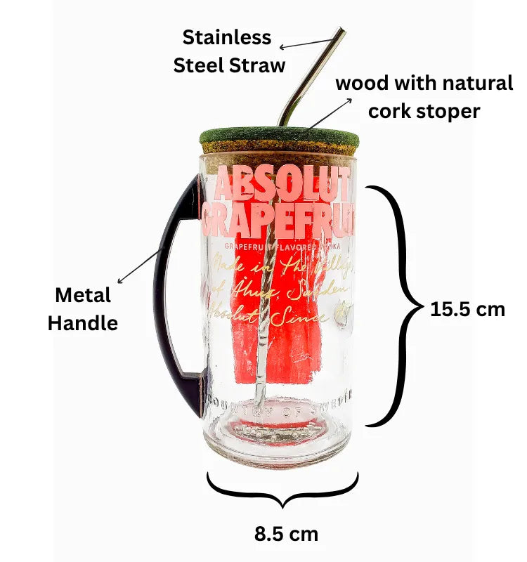Close-up of riveted metal handle on recycled Absolut Grapefruit glass mug