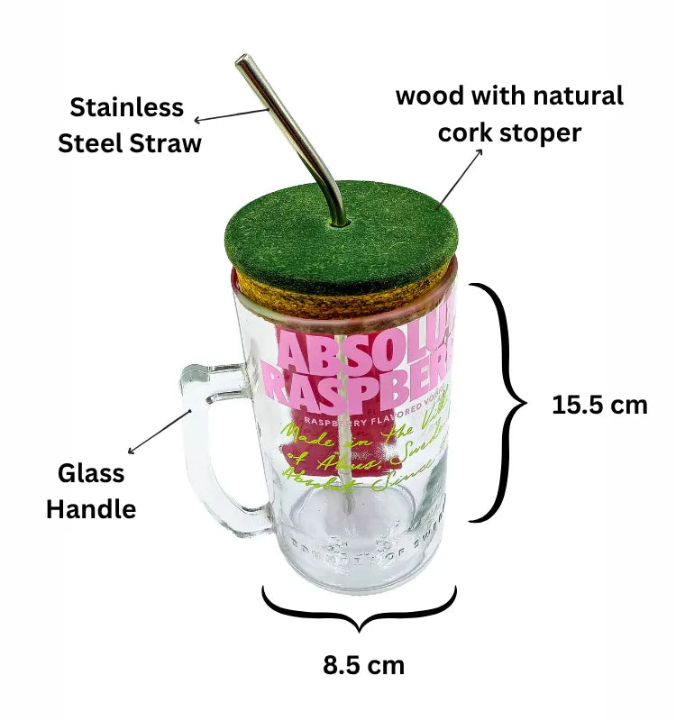Close-up of leak-friendly sipper lid on eco-friendly upcycled Absolut glass mug