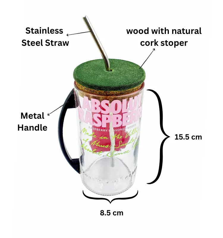 Leak-resistant sipper lid close-up on upcycled Absolut Raspberri glass mug, eco drinkware