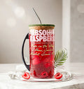 Upcycled Absolut Raspberri glass bottle mug with clear sipper lid, front view on white