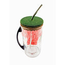 Spill-proof sipper lid on upcycled glass bottle mug for coffee and chai