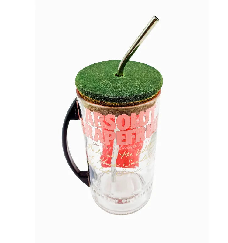Spill-proof sipper lid on upcycled glass bottle mug for coffee and chai