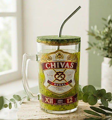 Eco-friendly upcycled Chivas Regal bottle mug with sipper lid and glass handle, 600ml