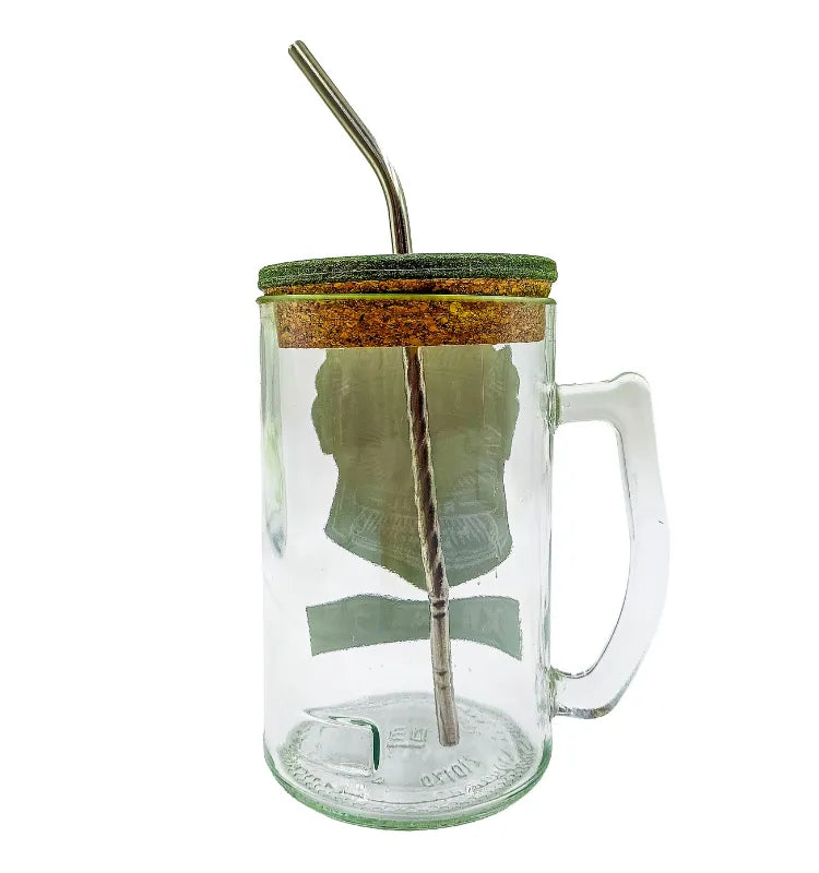 Sipper lid detail on sustainable 600ml Chivas Regal upcycled glass mug