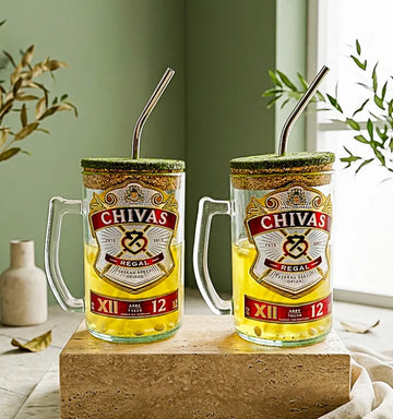 Set of 2 upcycled Chivas Regal bottle mugs with glass handles and sipper lids