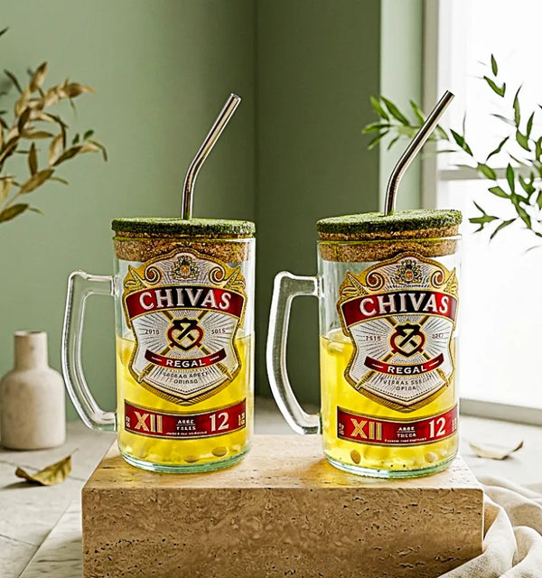 Set of 2 upcycled Chivas Regal bottle mugs with glass handles and sipper lids