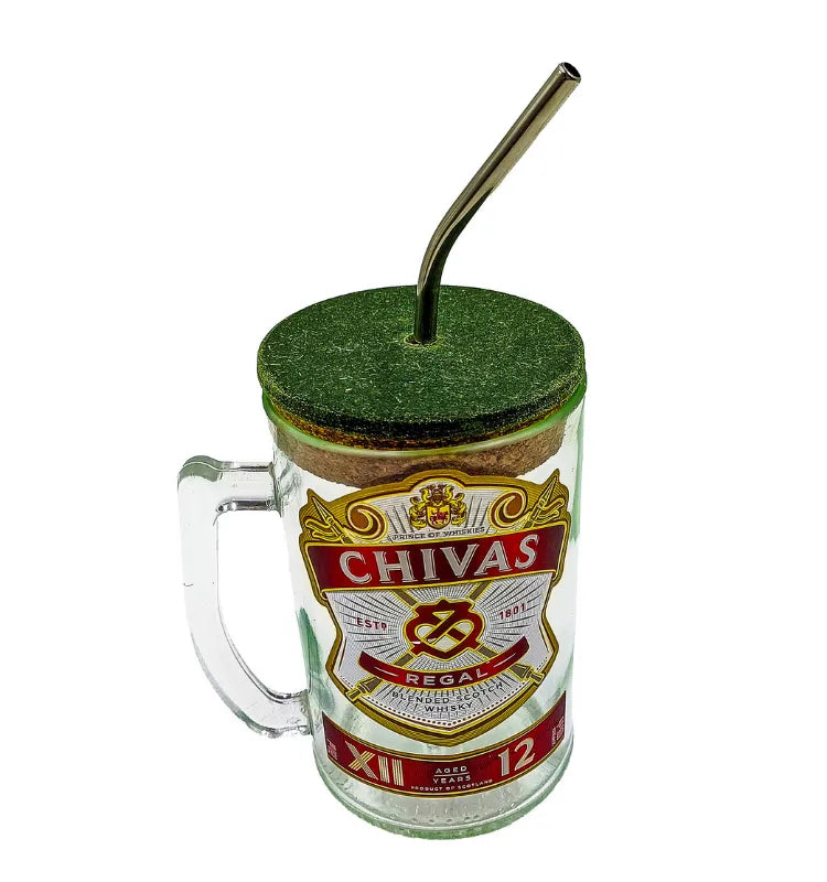 Hand holding upcycled Chivas Regal bottle mug with coffee, eco-friendly drinkware