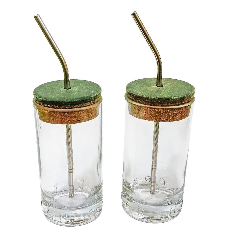 Close up of upcycled Greater Than gin bottle embossing on handcrafted glass sipper