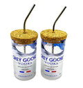 Close-up of eco-friendly Grey Goose upcycled sipper showing frosted glass texture