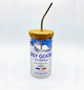 Sustainable upcycled Grey Goose bottle sipper with lid and steel straw