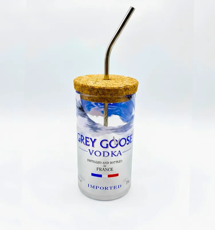 Sustainable upcycled Grey Goose bottle sipper with lid and steel straw